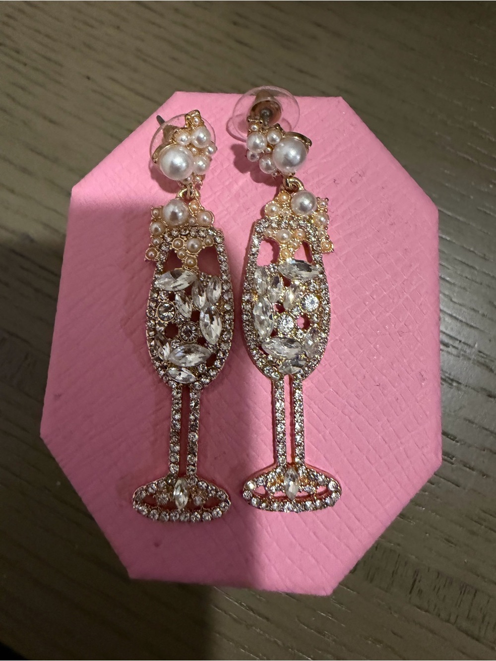 Gold Crystal & Pearl Champagne Glass Drop Earrings - Pink Accents